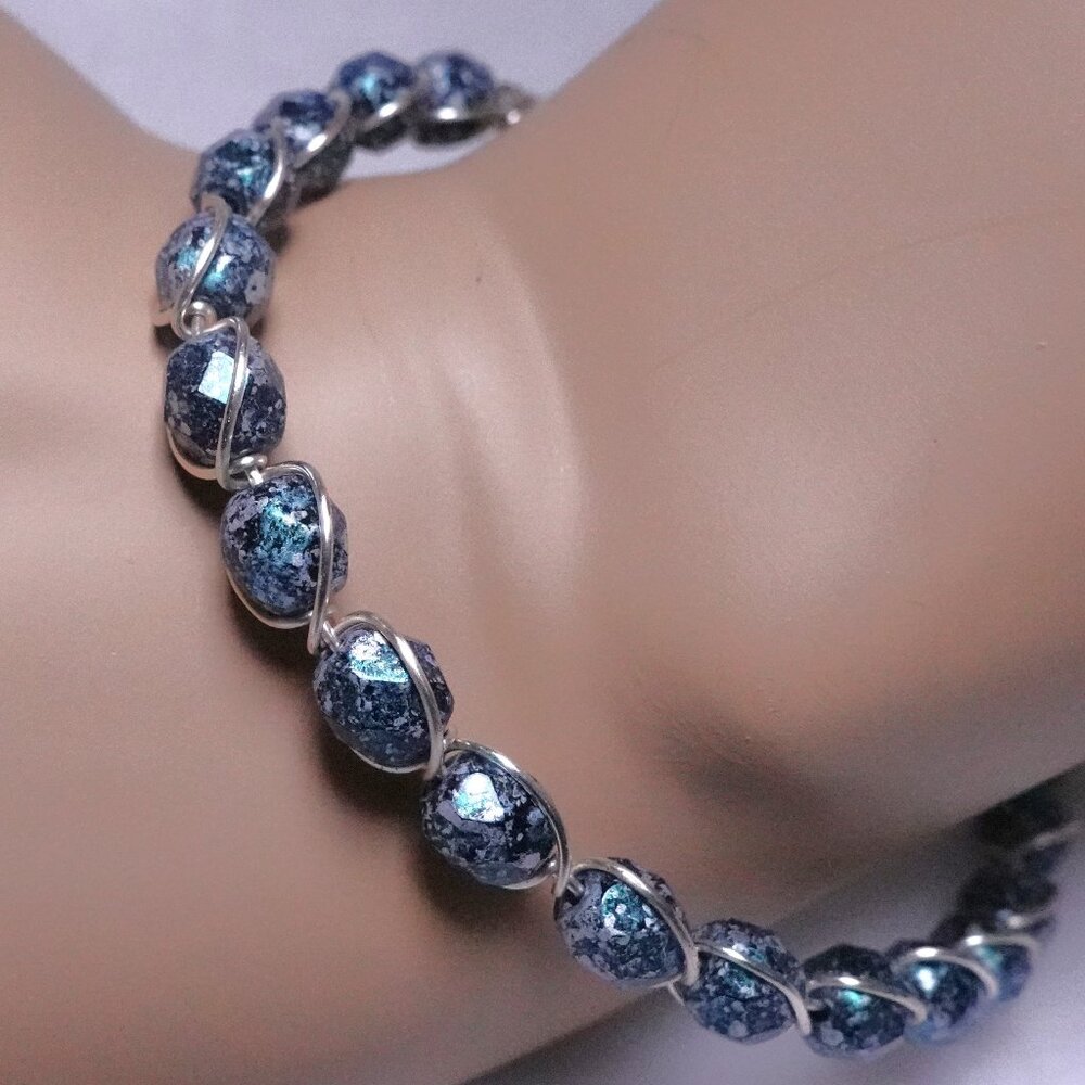 Blue green turquoise marble metallic beaded cuff bracelet adjustable